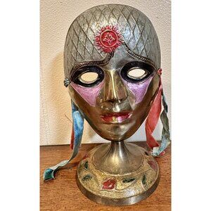 Vintage Mask Painted Theatre Carnival Colorful Decor Pedestal